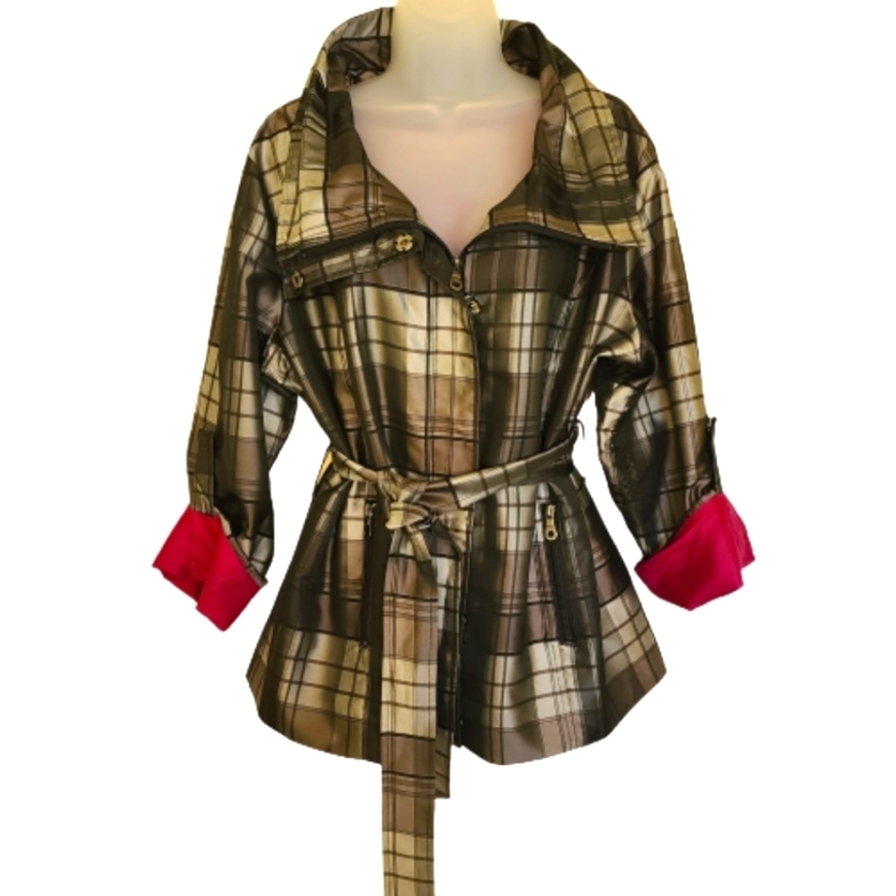 Puli Size XL Black and White Plaid with Barbie Pink Lining Belted Jacket